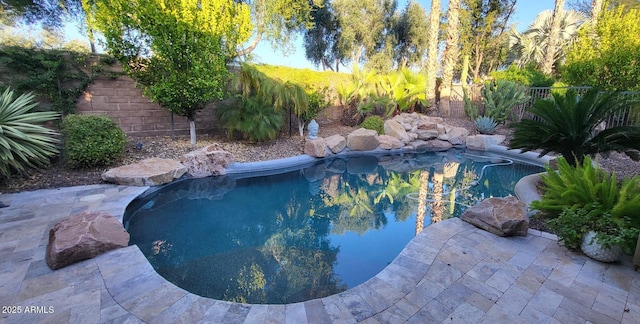 view of pool with a fenced in pool, a patio, and a fenced backyard