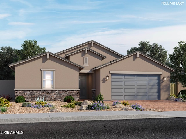 view of front of home featuring a garage, stone siding, driveway, and stucco siding