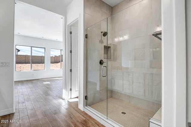3310 Iron King Cir, Prescott, AZ 86301 - full bathroom with a shower stall, baseboards, and wood tiled floor
