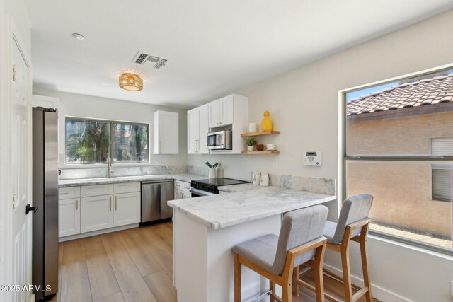 7500 E Deer Valley Rd Unit 132, Scottsdale, AZ 85255 - kitchen featuring appliances with stainless steel finishes, a peninsula, a kitchen bar, white cabinets, and a sink
