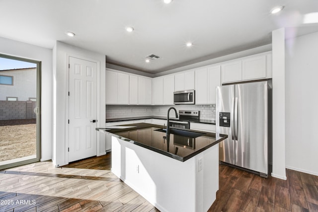 7423 W Cavalier Dr, Glendale, AZ 85303 - kitchen with appliances with stainless steel finishes, dark wood-type flooring, backsplash, white cabinets, and recessed lighting