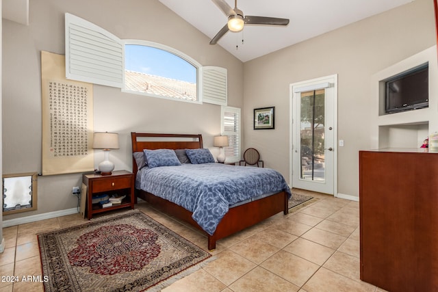 tiled bedroom with ceiling fan, lofted ceiling, and access to outside