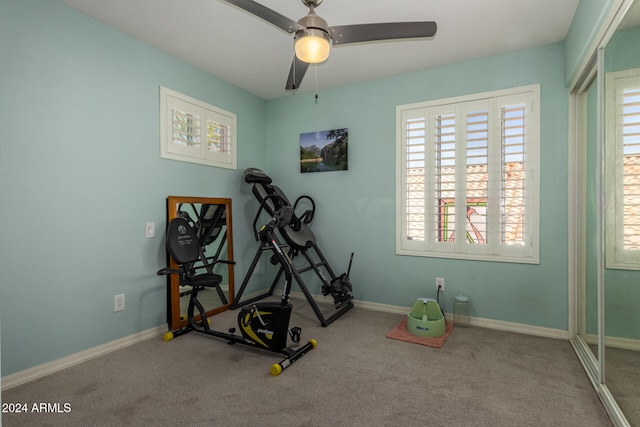 workout area featuring carpet and ceiling fan