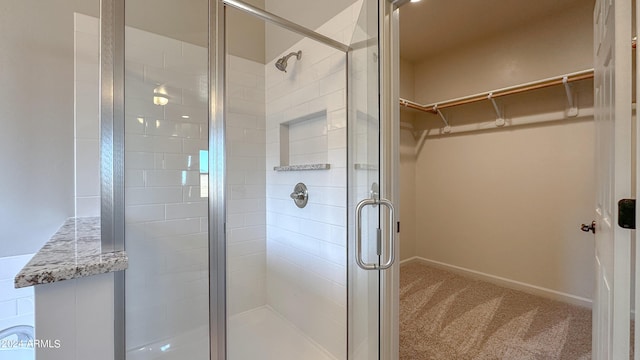 bathroom featuring a shower with door