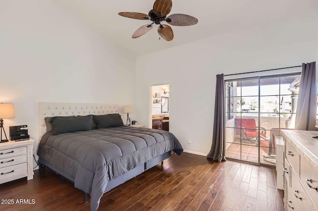 bedroom featuring baseboards, ceiling fan, dark wood-style flooring, ensuite bathroom, and access to exterior