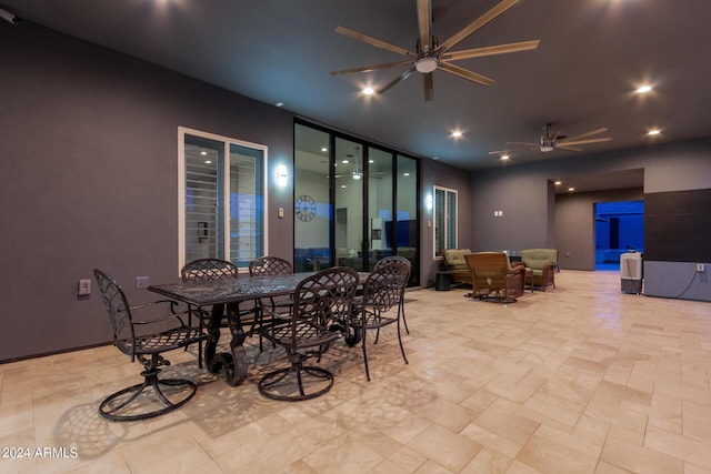 dining space with recessed lighting and ceiling fan