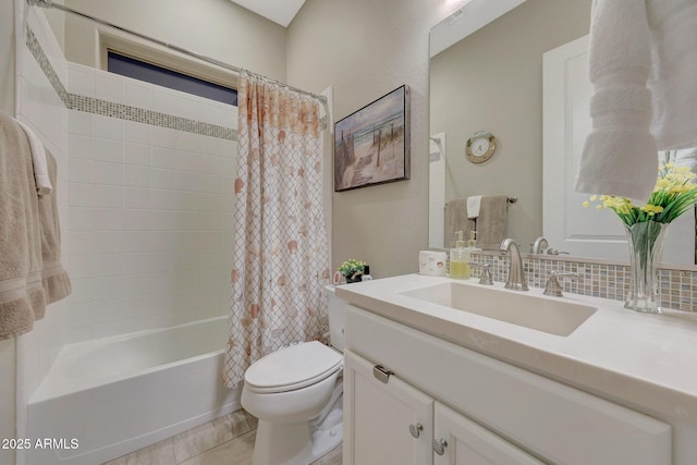 full bathroom with vanity, tasteful backsplash, shower / bath combination with curtain, and toilet