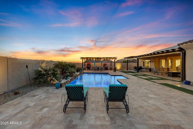 pool at dusk with an outdoor living space, a pergola, and a patio