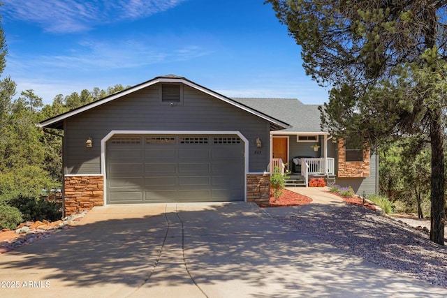 809 W St Moritz Dr, Payson, AZ 85541 - ranch-style home featuring stone siding, driveway, a garage, and covered porch