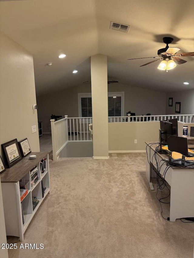 carpeted living room featuring lofted ceiling, recessed lighting, a ceiling fan, and visible vents