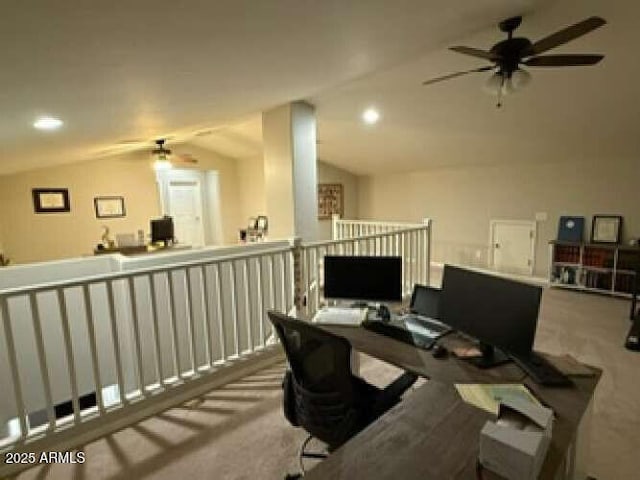 carpeted office with vaulted ceiling, recessed lighting, and ceiling fan