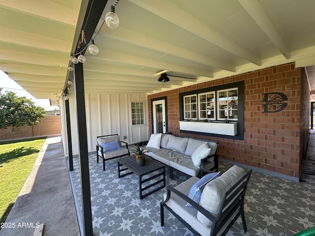 view of patio with an outdoor hangout area and ceiling fan