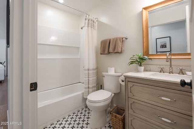 full bathroom with shower / bathtub combination with curtain, vanity, and toilet