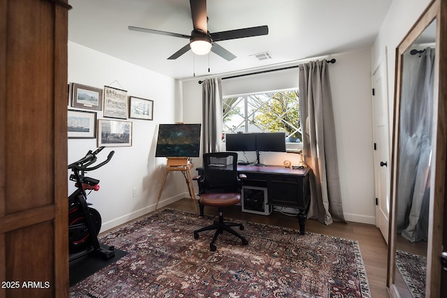 office area featuring hardwood / wood-style floors and ceiling fan