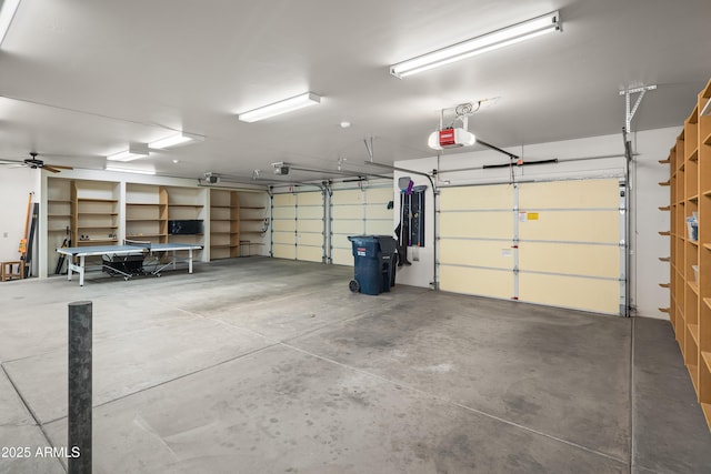 garage featuring ceiling fan, electric panel, and a garage door opener