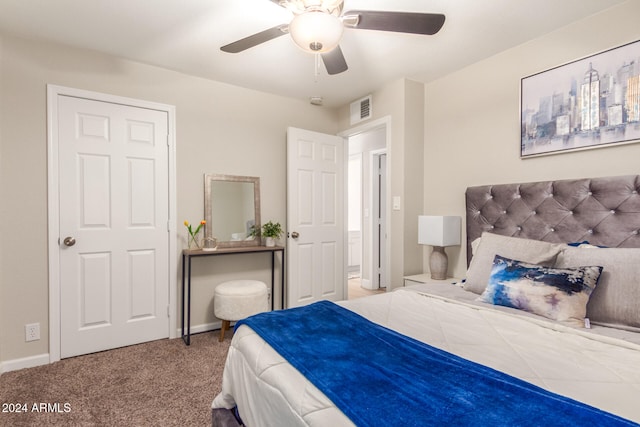 carpeted bedroom featuring ceiling fan