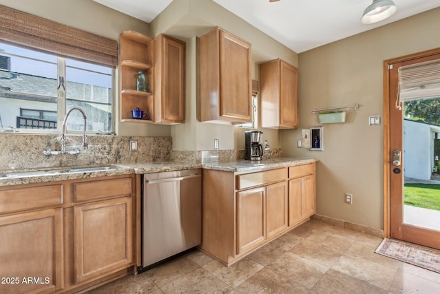 kitchen with a sink, baseboards, stainless steel dishwasher, light stone countertops, and open shelves