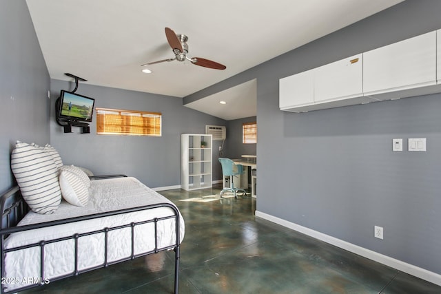 bedroom with recessed lighting, lofted ceiling, finished concrete floors, a wall mounted air conditioner, and baseboards