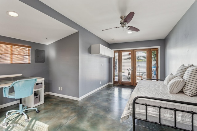 bedroom featuring french doors, electric panel, finished concrete flooring, and baseboards