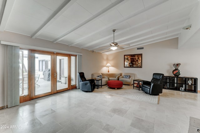 living area featuring ceiling fan, french doors, and lofted ceiling with beams