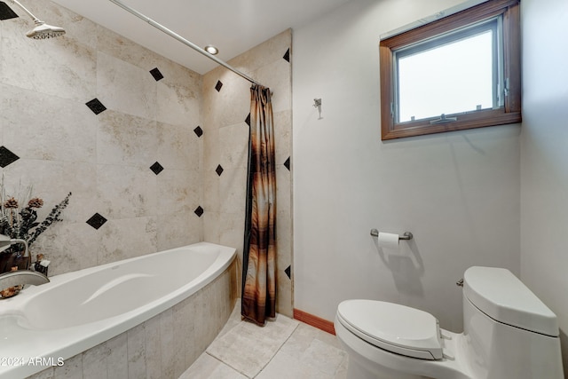 bathroom featuring tile patterned floors, toilet, and shower / bathtub combination with curtain