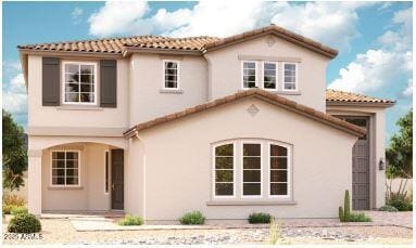 back of house featuring stucco siding and a tiled roof