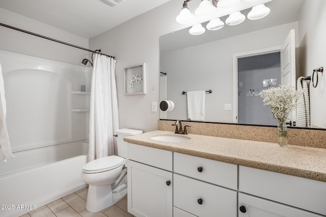 bathroom featuring shower / tub combo, vanity, and toilet