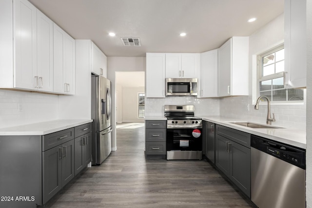 kitchen featuring white cabinetry, sink, stainless steel appliances, dark hardwood / wood-style flooring, and gray cabinets