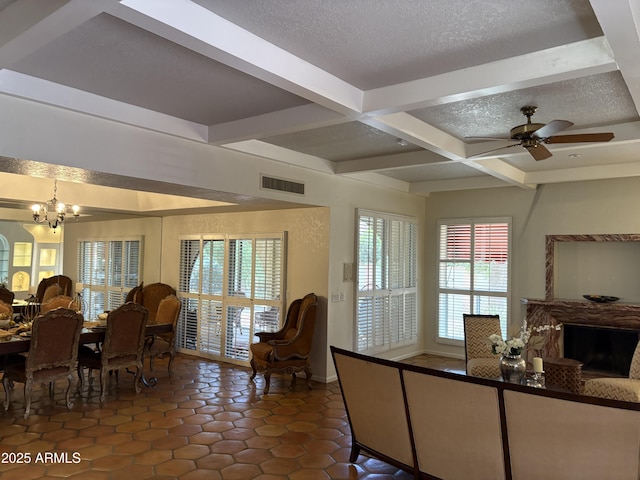 8426 N 15th Dr, Phoenix, AZ 85021 - living area featuring coffered ceiling, beamed ceiling, a fireplace, baseboards, and visible vents