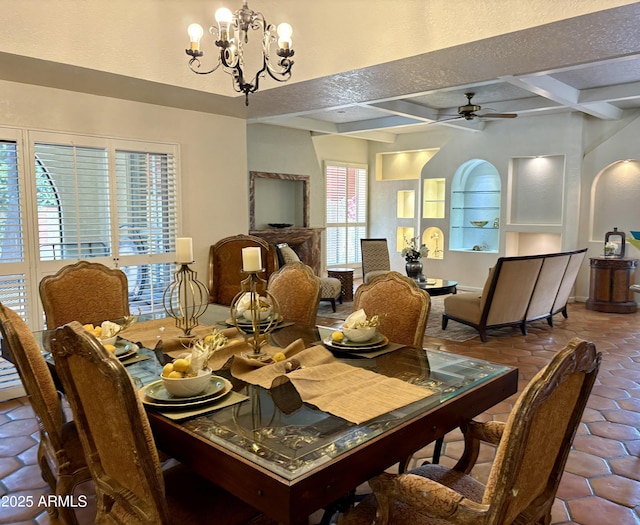 8426 N 15th Dr, Phoenix, AZ 85021 - dining room featuring tile patterned flooring, coffered ceiling, beam ceiling, baseboards, and ceiling fan with notable chandelier