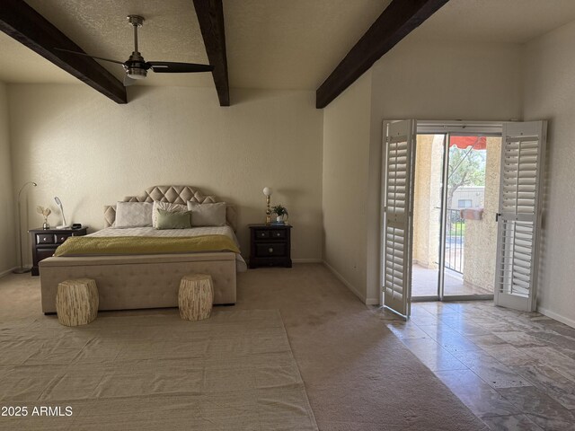8426 N 15th Dr, Phoenix, AZ 85021 - bedroom featuring beamed ceiling, baseboards, access to outside, and carpet flooring