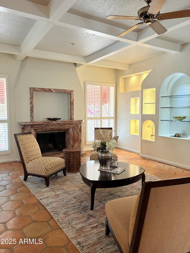 8426 N 15th Dr, Phoenix, AZ 85021 - sitting room featuring beamed ceiling, a ceiling fan, baseboards, and coffered ceiling