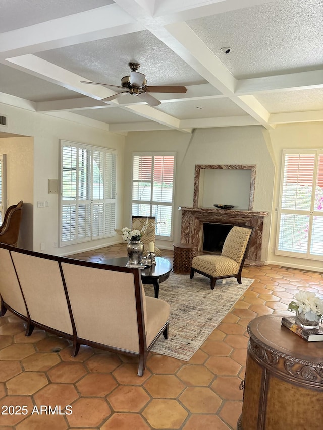 8426 N 15th Dr, Phoenix, AZ 85021 - living room featuring a ceiling fan, a textured ceiling, tile patterned floors, beam ceiling, and visible vents