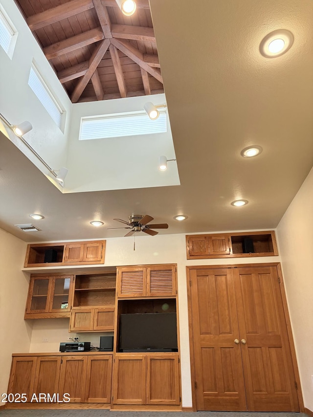 8426 N 15th Dr, Phoenix, AZ 85021 - interior details with open shelves, visible vents, a ceiling fan, beam ceiling, and wood ceiling