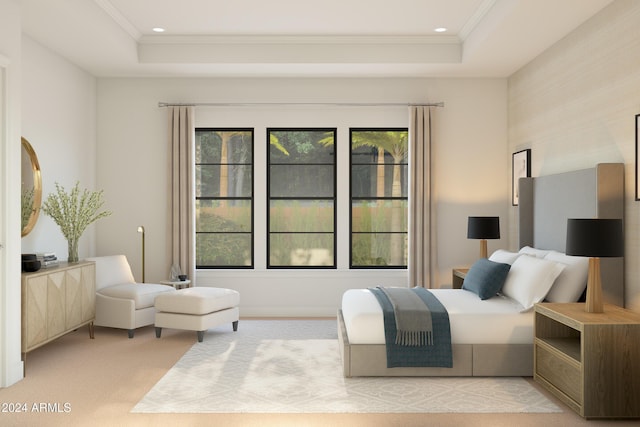 bedroom featuring light colored carpet, ornamental molding, and a tray ceiling