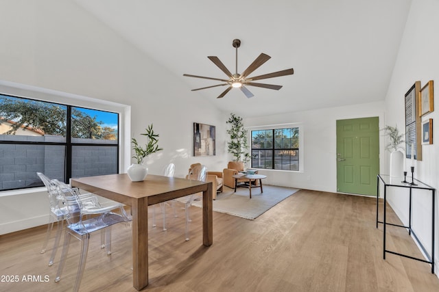 1001 N Nielson St, Gilbert, AZ 85234 - dining area with light wood finished floors, high vaulted ceiling, ceiling fan, and baseboards