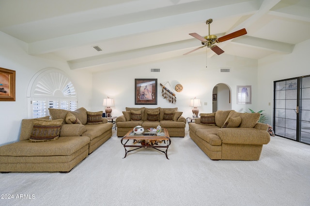 living room featuring ceiling fan, light carpet, and vaulted ceiling with beams