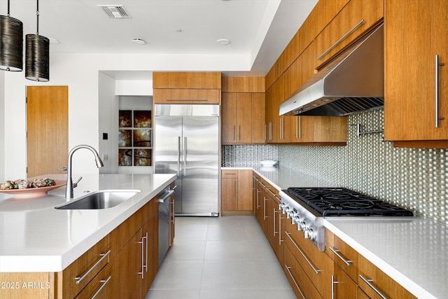 9894 E Miramonte Dr, Scottsdale, AZ 85262 - kitchen featuring appliances with stainless steel finishes, under cabinet range hood, a sink, and brown cabinetry