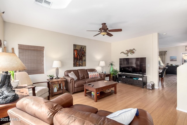 living room featuring ceiling fan and light hardwood / wood-style flooring