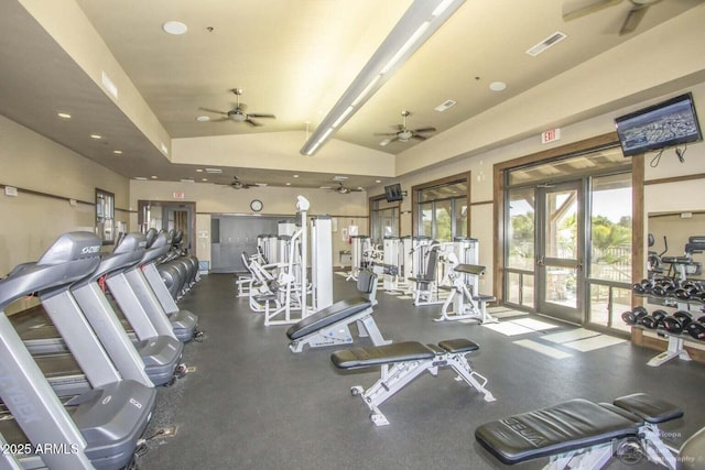 exercise room featuring lofted ceiling