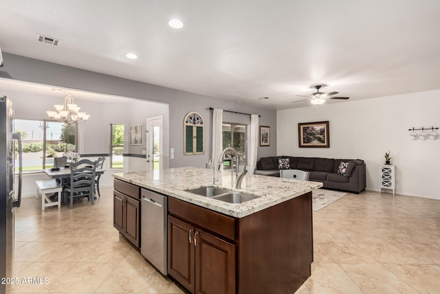 26719 S 195th St, Queen Creek, AZ 85142 - kitchen featuring ceiling fan with notable chandelier, visible vents, a sink, stainless steel appliances, and a center island with sink