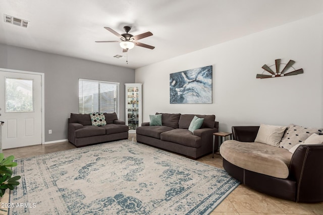 26719 S 195th St, Queen Creek, AZ 85142 - living area with light tile patterned floors, baseboards, a ceiling fan, and visible vents