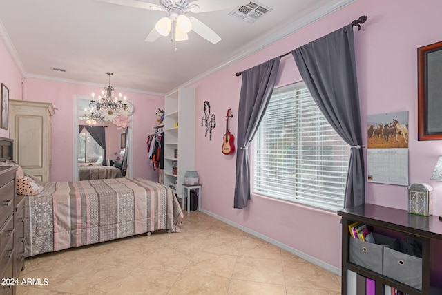 tiled bedroom featuring ceiling fan with notable chandelier and crown molding