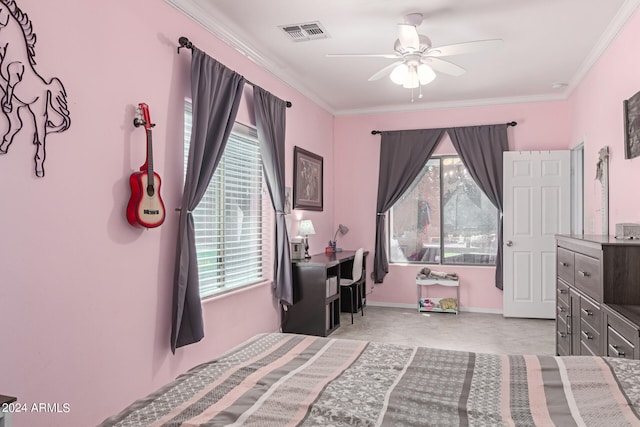 bedroom with ceiling fan and ornamental molding