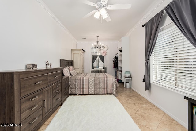 26719 S 195th St, Queen Creek, AZ 85142 - bedroom featuring ceiling fan with notable chandelier, light tile patterned floors, baseboards, and ornamental molding