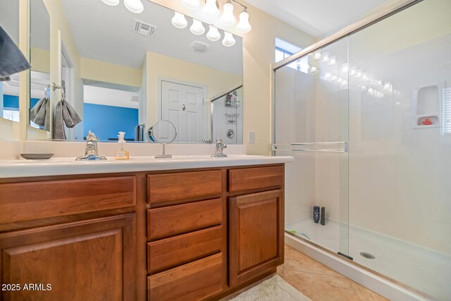 3932 E Melinda Dr, Phoenix, AZ 85050 - full bath with a sink, double vanity, visible vents, a stall shower, and tile patterned floors