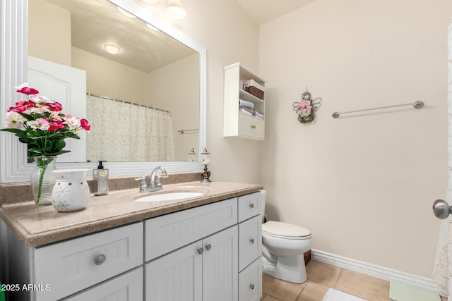 bathroom featuring toilet, vanity, and tile patterned flooring