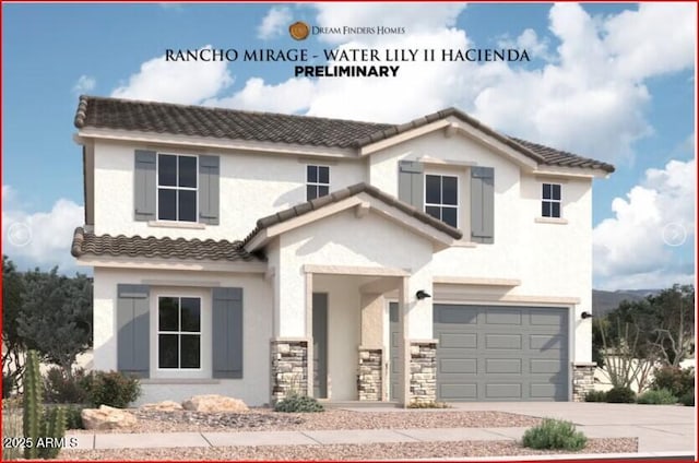 view of front of home featuring a garage, concrete driveway, stone siding, a tiled roof, and stucco siding