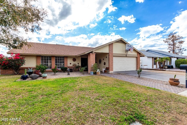 single story home featuring a garage, concrete driveway, brick siding, and a front lawn