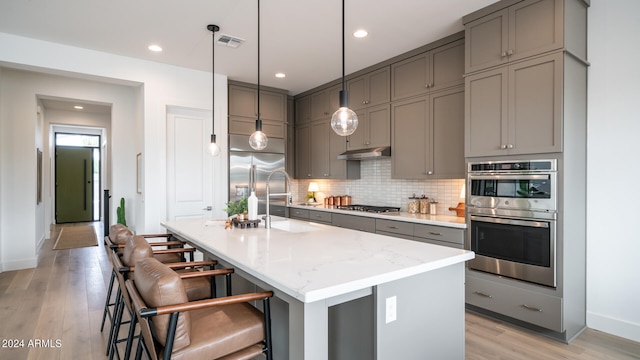 kitchen with gray cabinetry, light hardwood / wood-style floors, stainless steel appliances, and a kitchen island with sink